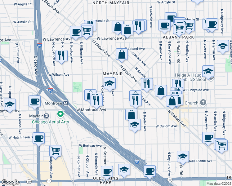 map of restaurants, bars, coffee shops, grocery stores, and more near 4457 North Lowell Avenue in Chicago