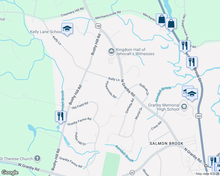 map of restaurants, bars, coffee shops, grocery stores, and more near 12 Pinewoods Road in Granby