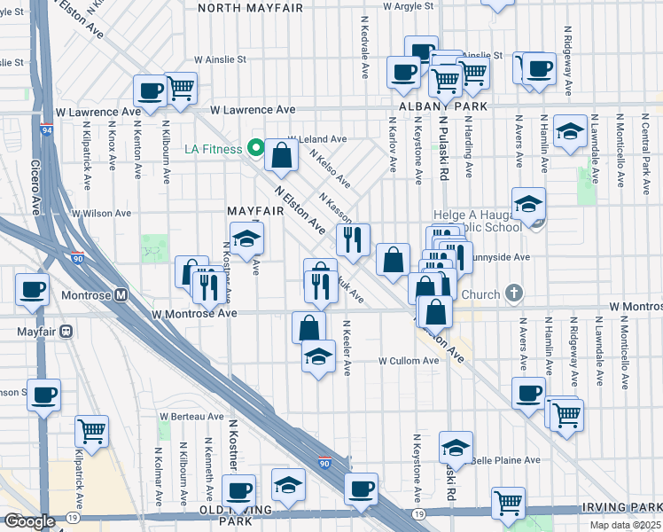map of restaurants, bars, coffee shops, grocery stores, and more near 4473 North Keokuk Avenue in Chicago