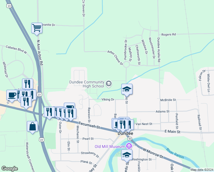 map of restaurants, bars, coffee shops, grocery stores, and more near 130 Viking Drive in Dundee