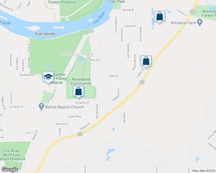 map of restaurants, bars, coffee shops, grocery stores, and more near 34W630 Roosevelt Avenue in Saint Charles