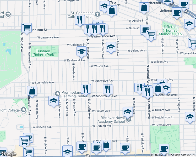 map of restaurants, bars, coffee shops, grocery stores, and more near 4509 North Mason Avenue in Chicago