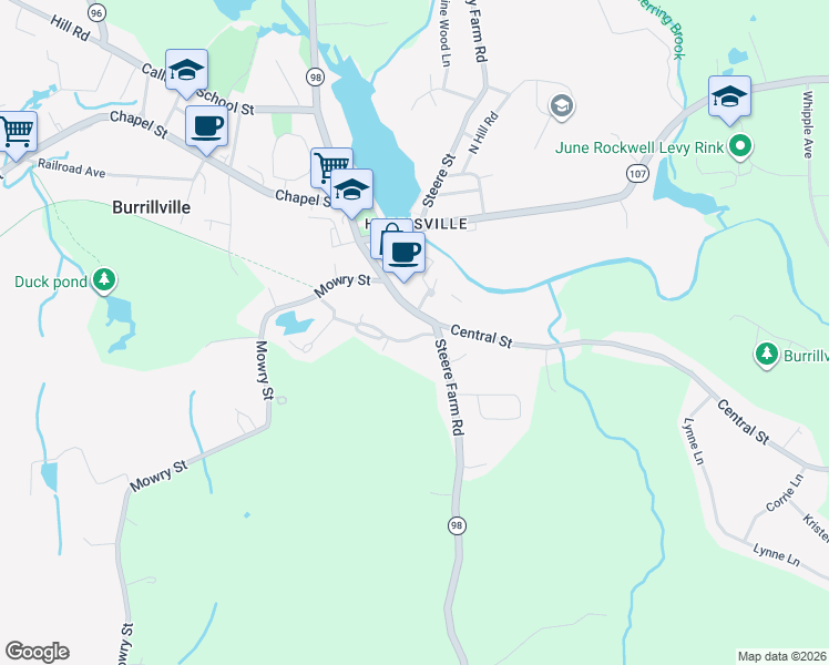 map of restaurants, bars, coffee shops, grocery stores, and more near 102 Jefferson Road in Burrillville