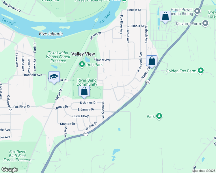 map of restaurants, bars, coffee shops, grocery stores, and more near 34W650 Roosevelt Avenue in St. Charles