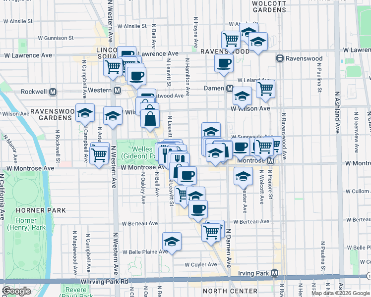 map of restaurants, bars, coffee shops, grocery stores, and more near 2126 West Agatite Avenue in Chicago