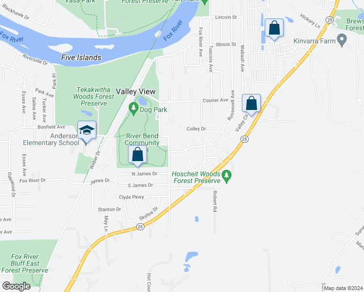 map of restaurants, bars, coffee shops, grocery stores, and more near 34W650 Roosevelt Avenue in St. Charles