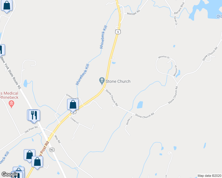 map of restaurants, bars, coffee shops, grocery stores, and more near 9 Stone Church Road in Rhinebeck