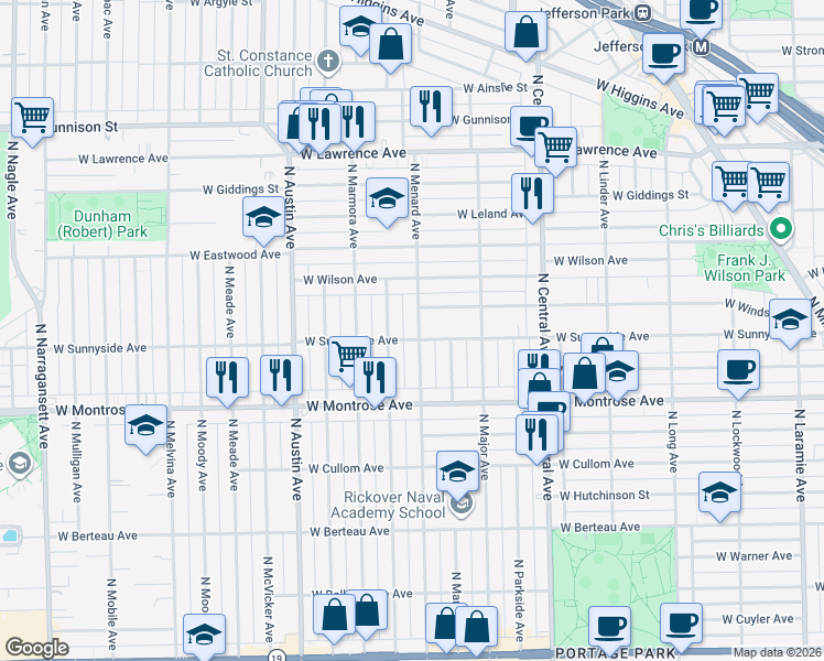 map of restaurants, bars, coffee shops, grocery stores, and more near 4508 North Menard Avenue in Chicago