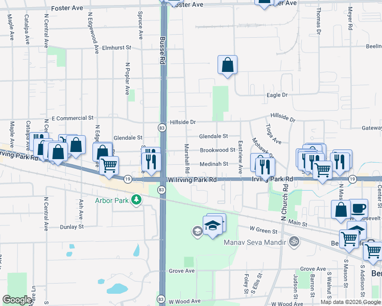 map of restaurants, bars, coffee shops, grocery stores, and more near 223 Marshall Road in Bensenville