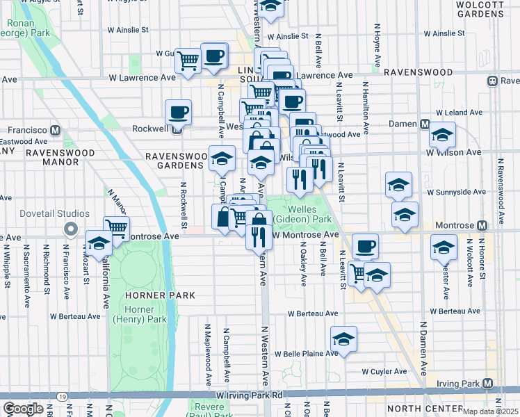 map of restaurants, bars, coffee shops, grocery stores, and more near 4440 North Western Avenue in Chicago
