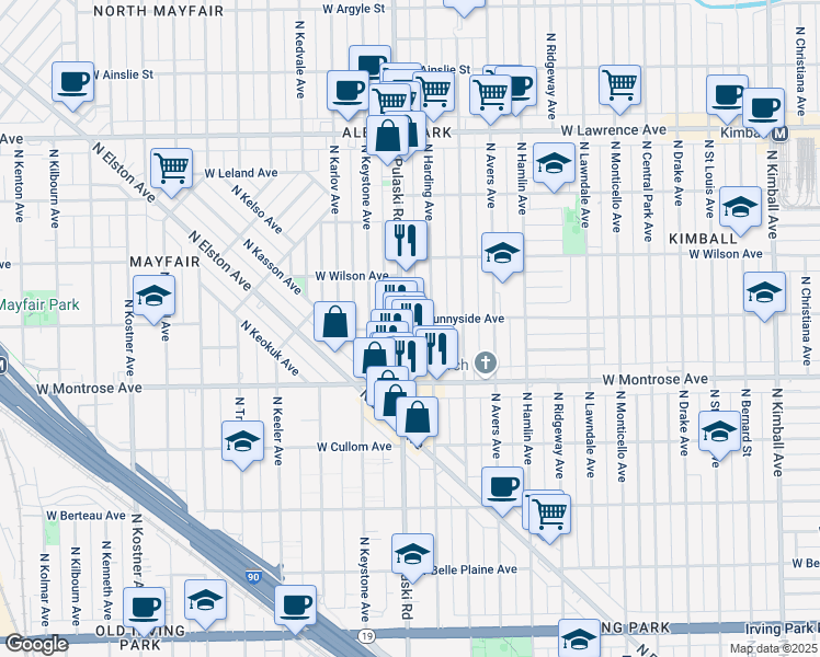 map of restaurants, bars, coffee shops, grocery stores, and more near 4453 North Pulaski Road in Chicago