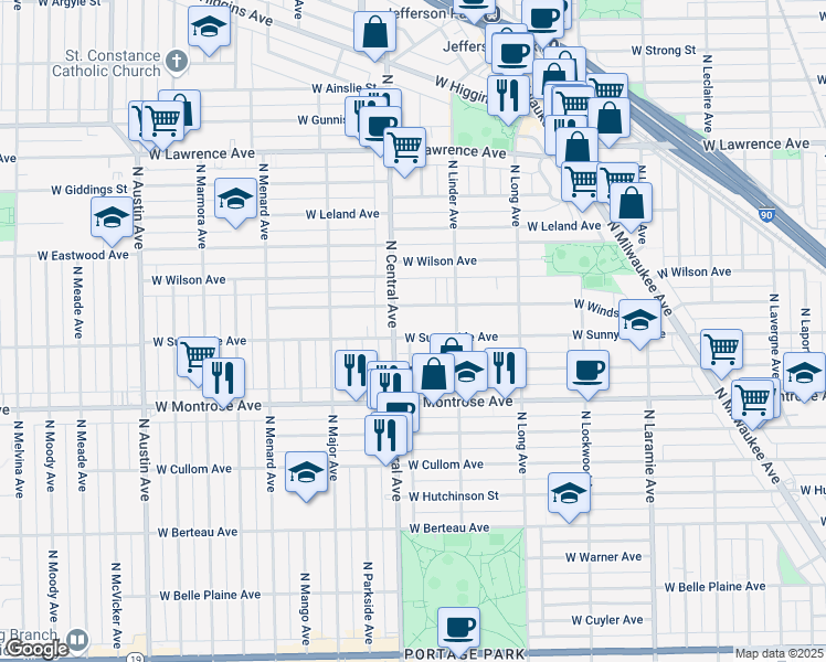 map of restaurants, bars, coffee shops, grocery stores, and more near 5532 West Sunnyside Avenue in Chicago