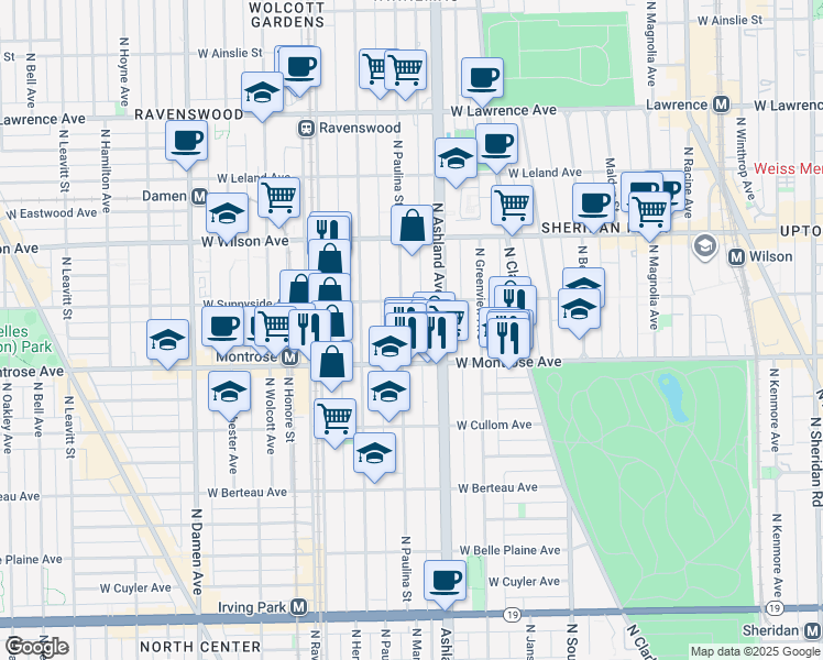 map of restaurants, bars, coffee shops, grocery stores, and more near 4431 North Paulina Street in Chicago