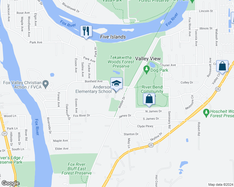 map of restaurants, bars, coffee shops, grocery stores, and more near 35W071 Villa Maria Road in St. Charles