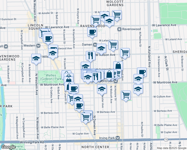map of restaurants, bars, coffee shops, grocery stores, and more near 4438 N Damen Ave in Chicago