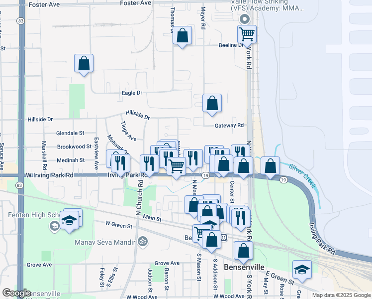 map of restaurants, bars, coffee shops, grocery stores, and more near 221 North Walnut Street in Bensenville