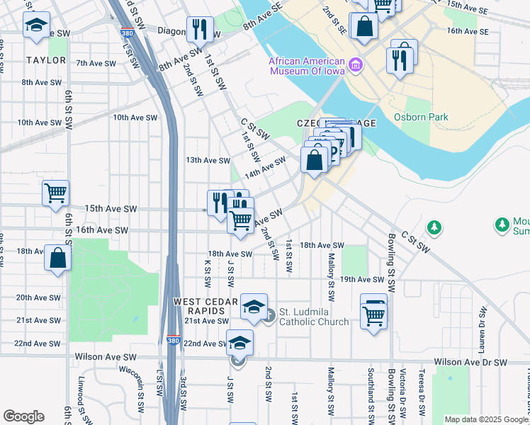 map of restaurants, bars, coffee shops, grocery stores, and more near 190 16th Avenue Southwest in Cedar Rapids
