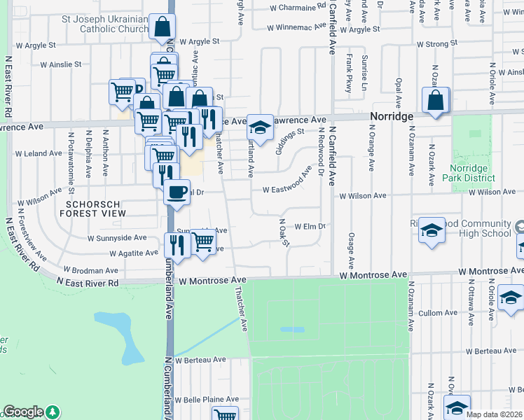map of restaurants, bars, coffee shops, grocery stores, and more near 8124 West Courtland Avenue in Norridge