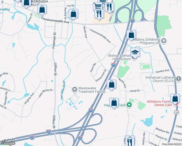 map of restaurants, bars, coffee shops, grocery stores, and more near 50 Flora Road in Attleboro
