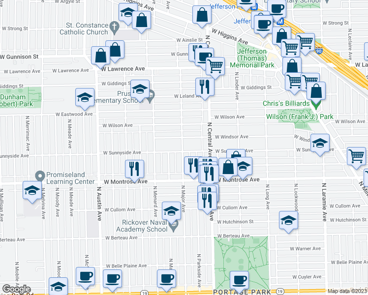 map of restaurants, bars, coffee shops, grocery stores, and more near 5658 West Sunnyside Avenue in Chicago