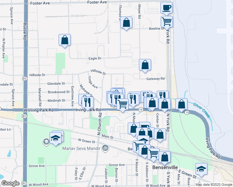 map of restaurants, bars, coffee shops, grocery stores, and more near 222 North Walnut Street in Bensenville