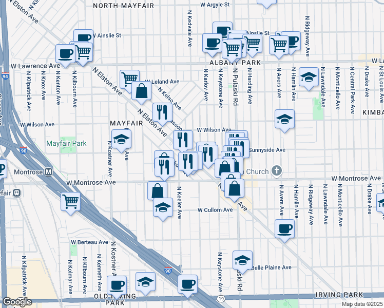 map of restaurants, bars, coffee shops, grocery stores, and more near 4500 North Elston Avenue in Chicago