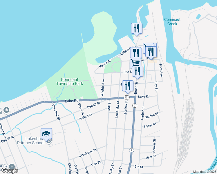 map of restaurants, bars, coffee shops, grocery stores, and more near 965 Mill St in Conneaut