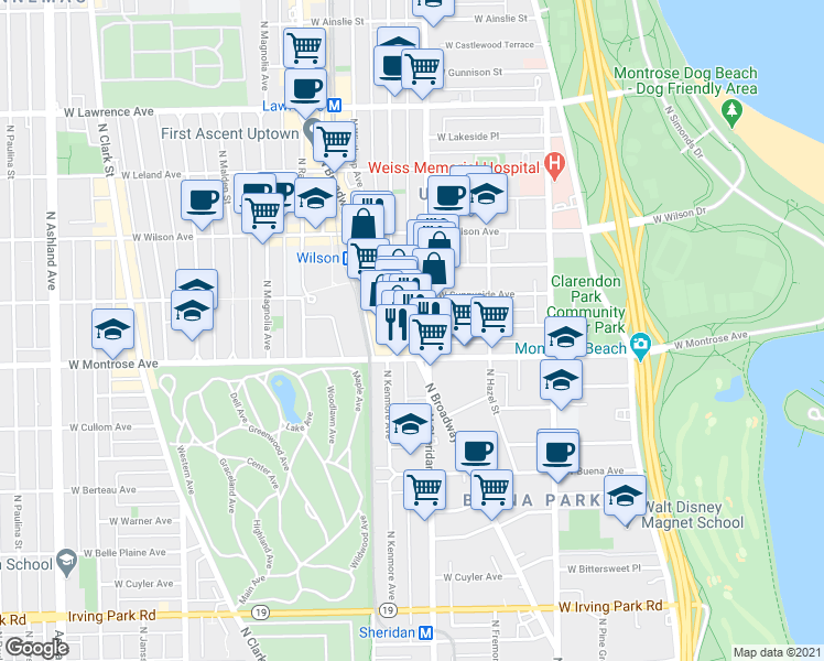 map of restaurants, bars, coffee shops, grocery stores, and more near 4429 North Broadway Street in Chicago