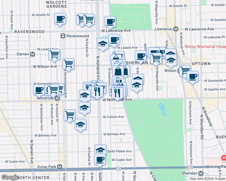 map of restaurants, bars, coffee shops, grocery stores, and more near 4423 North Greenview Avenue in Chicago