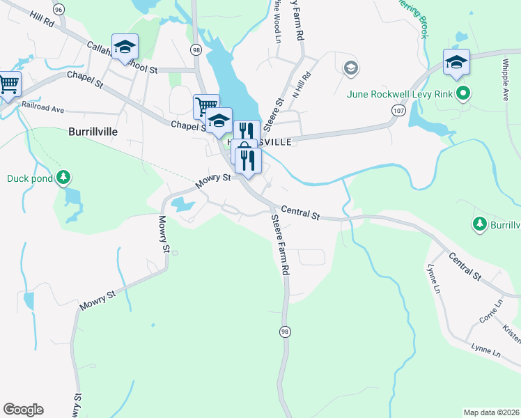map of restaurants, bars, coffee shops, grocery stores, and more near 102 Jefferson Road in Burrillville