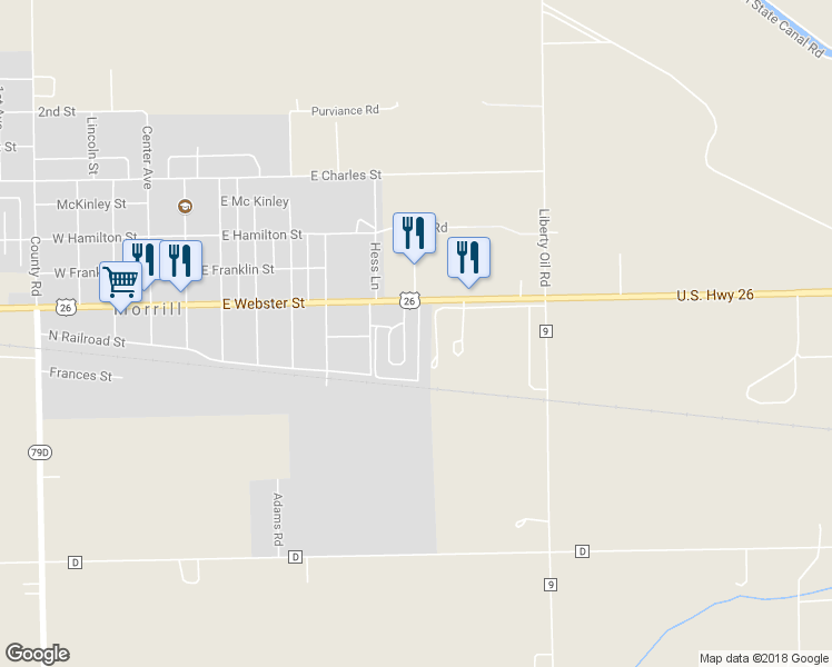 map of restaurants, bars, coffee shops, grocery stores, and more near 30122 Willow Avenue in Morrill