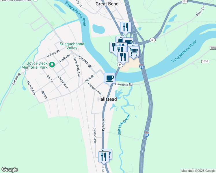 map of restaurants, bars, coffee shops, grocery stores, and more near 732 Main Street in Hallstead