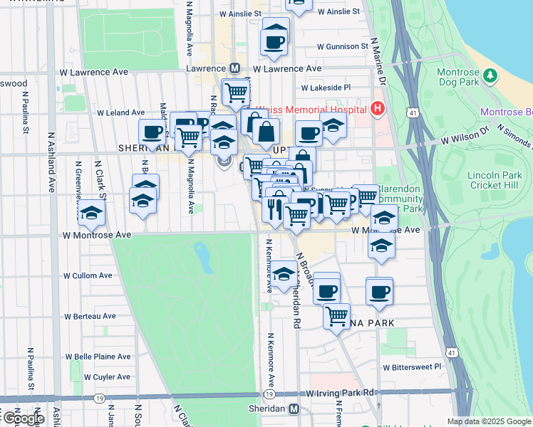 map of restaurants, bars, coffee shops, grocery stores, and more near 4466 North Broadway in Chicago
