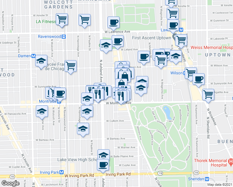map of restaurants, bars, coffee shops, grocery stores, and more near 4423 North Greenview Avenue in Chicago