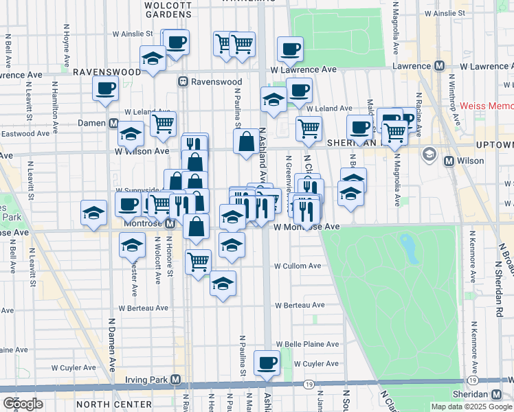 map of restaurants, bars, coffee shops, grocery stores, and more near 4431 North Paulina Street in Chicago