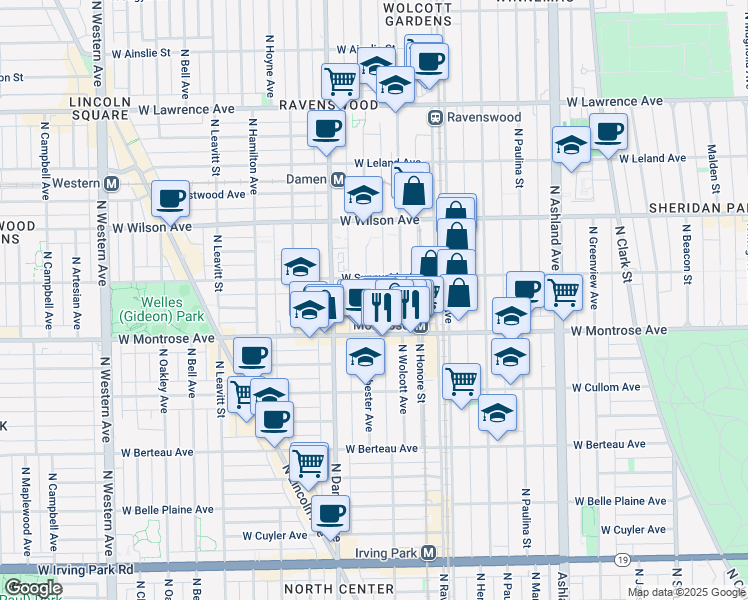 map of restaurants, bars, coffee shops, grocery stores, and more near 4432 North Wolcott Avenue in Chicago