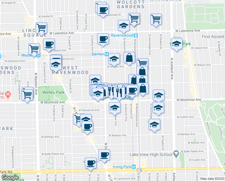 map of restaurants, bars, coffee shops, grocery stores, and more near 4430 North Winchester Avenue in Chicago