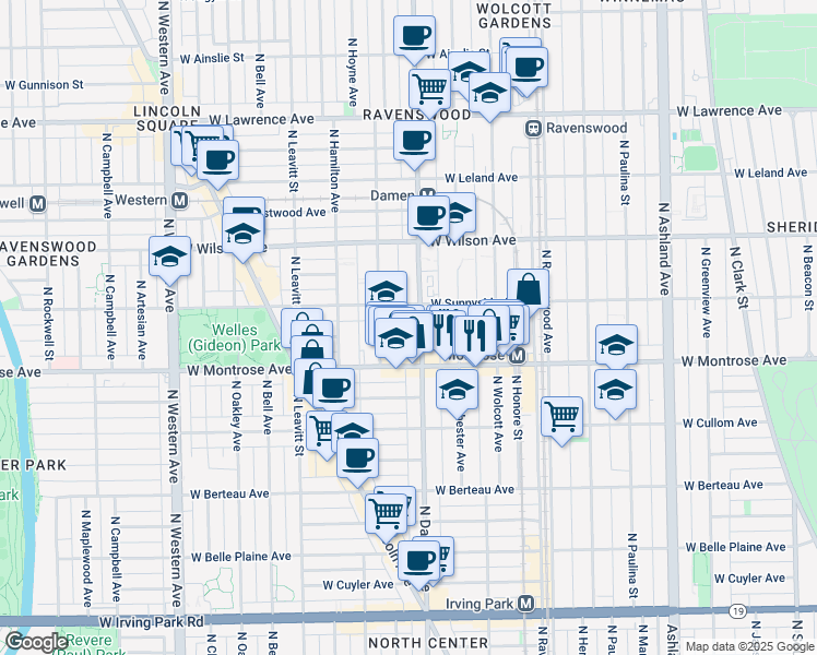 map of restaurants, bars, coffee shops, grocery stores, and more near 4432 North Damen Avenue in Chicago