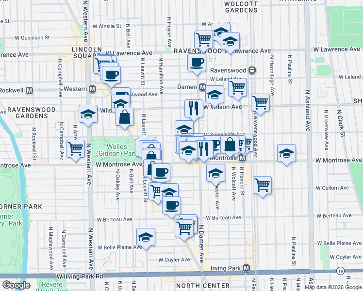 map of restaurants, bars, coffee shops, grocery stores, and more near 4434 North Seeley Avenue in Chicago