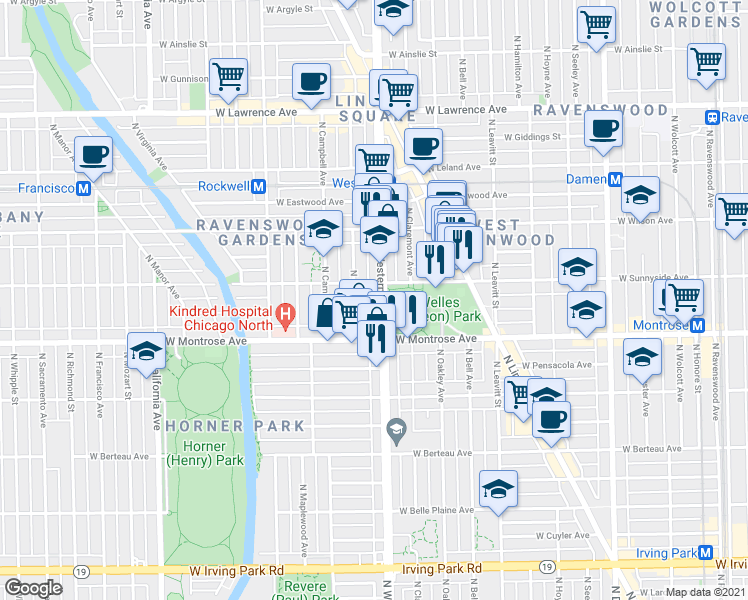 map of restaurants, bars, coffee shops, grocery stores, and more near 4440 North Western Avenue in Chicago