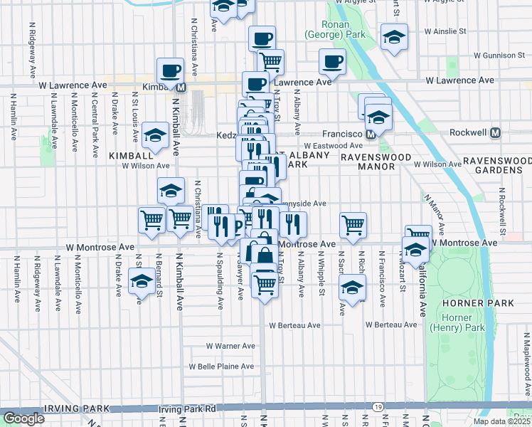 map of restaurants, bars, coffee shops, grocery stores, and more near 4447 North Kedzie Avenue in Chicago