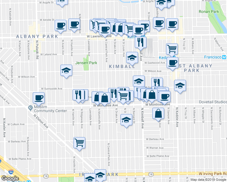 map of restaurants, bars, coffee shops, grocery stores, and more near 4446 North Drake Avenue in Chicago