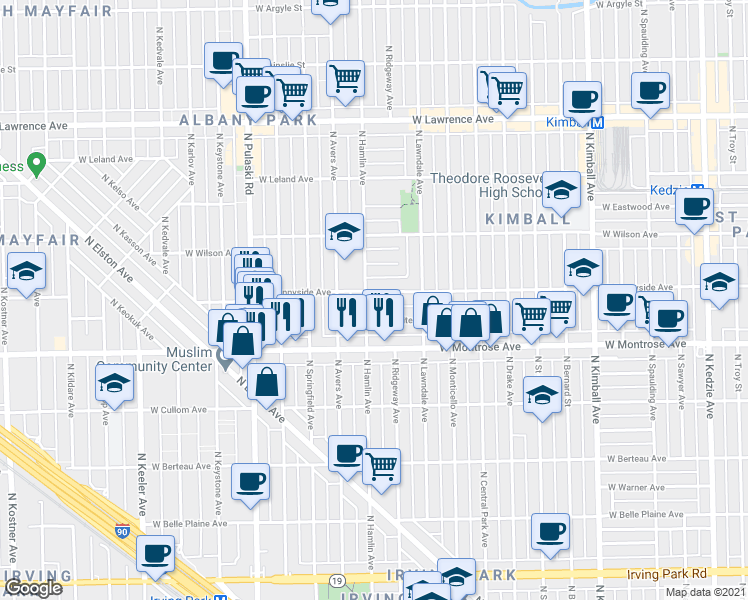 map of restaurants, bars, coffee shops, grocery stores, and more near 4446 North Hamlin Avenue in Chicago
