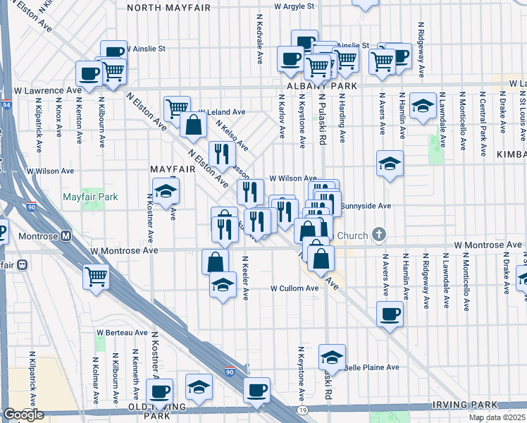 map of restaurants, bars, coffee shops, grocery stores, and more near 4500 North Elston Avenue in Chicago