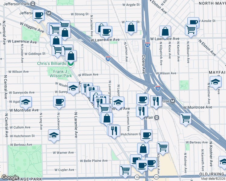 map of restaurants, bars, coffee shops, grocery stores, and more near 4939 West Sunnyside Avenue in Chicago