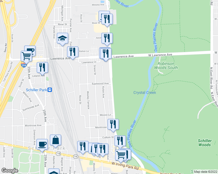 map of restaurants, bars, coffee shops, grocery stores, and more near 4622 North River Road in Schiller Park