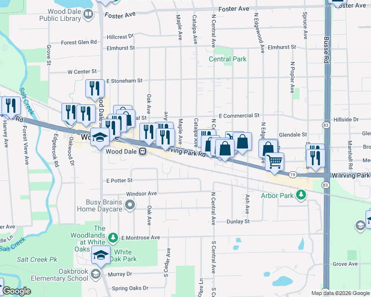 map of restaurants, bars, coffee shops, grocery stores, and more near 265 Illinois 19 in Wood Dale