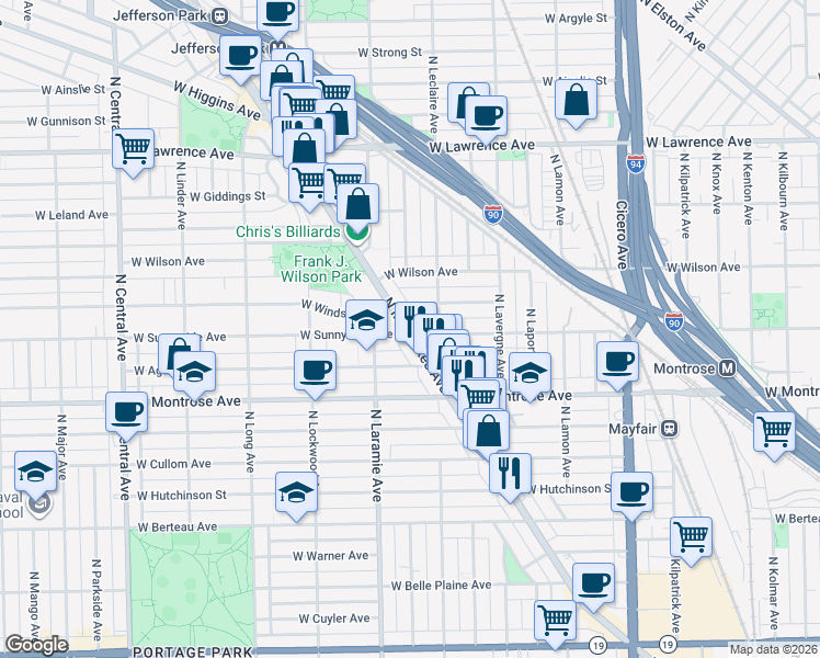 map of restaurants, bars, coffee shops, grocery stores, and more near 4501 North Milwaukee Avenue in Chicago