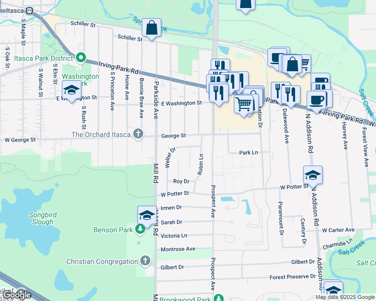 map of restaurants, bars, coffee shops, grocery stores, and more near 578 Welter Drive in Wood Dale