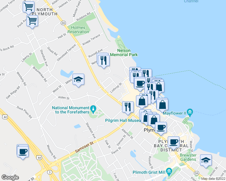 map of restaurants, bars, coffee shops, grocery stores, and more near 7 Lothrop Street in Plymouth